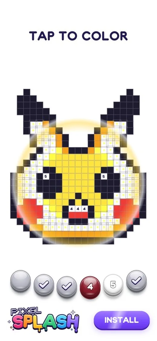Pixel Splash: a pixel-art picture being painted color by number